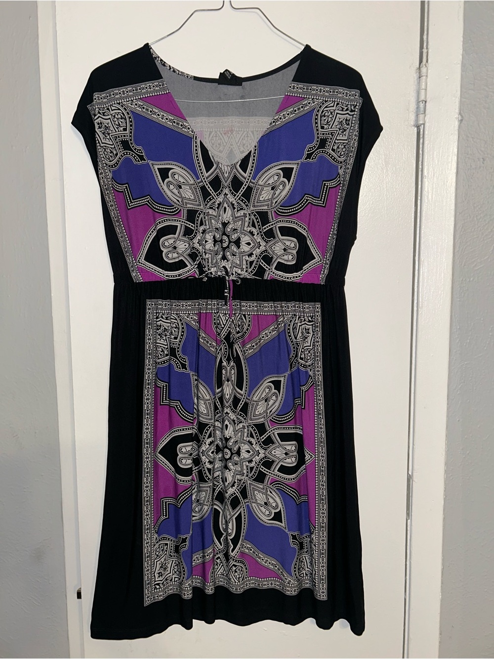 Black Dress with Purple & Royal Blue Medallion Print